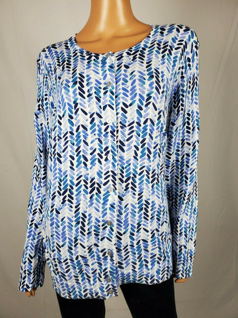 Karen Scott Women Long Sleeve Button Front Blue Brushed Chevron Cardigan Plus 1X