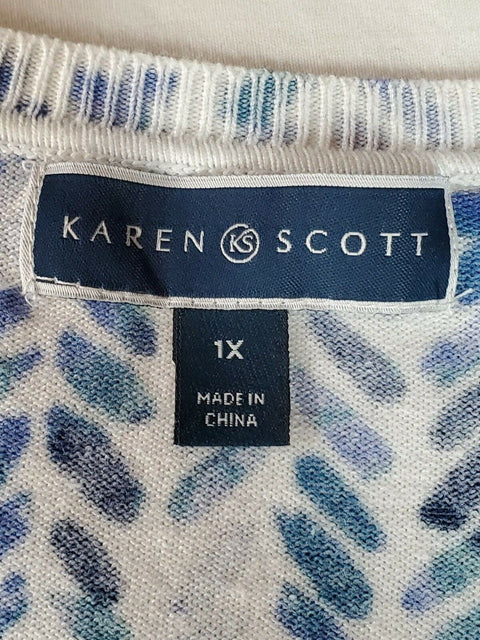 Karen Scott Women Long Sleeve Button Front Blue Brushed Chevron Cardigan Plus 1X