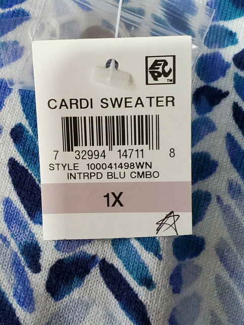 Karen Scott Women Long Sleeve Button Front Blue Brushed Chevron Cardigan Plus 1X