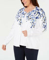 Karen Scott Women's Long Sleeve Button Front White Blue Flowers Cardigan Plus 2X - evorr.com