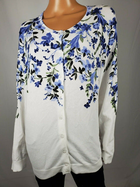 Karen Scott Women's Long Sleeve Button Front White Blue Flowers Cardigan Plus 2X - evorr.com