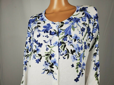 Karen Scott Women's Long Sleeve Button Front White Blue Flowers Cardigan Plus 2X - evorr.com