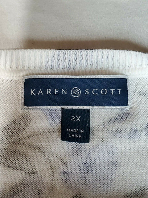 Karen Scott Women's Long Sleeve Button Front White Blue Flowers Cardigan Plus 2X - evorr.com