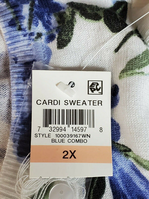 Karen Scott Women's Long Sleeve Button Front White Blue Flowers Cardigan Plus 2X - evorr.com