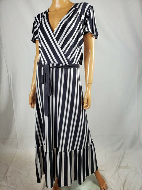 $109 INC CONCEPTS Women Black Stripe Faux Wrap Peplum Maxi Dress Belt Plus 1X - evorr.com