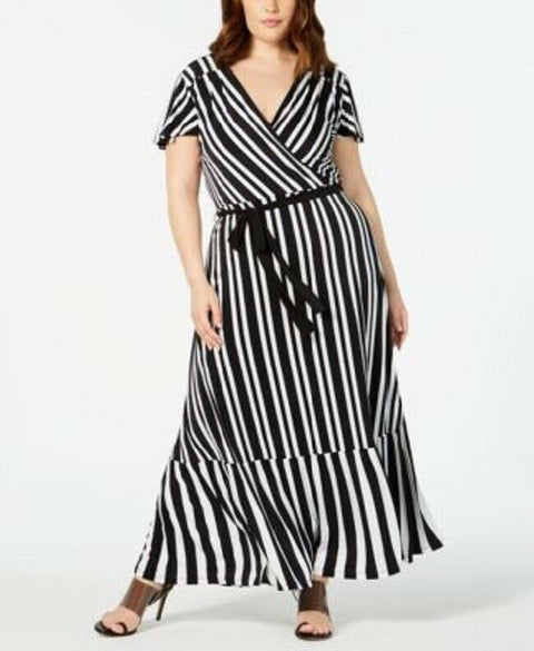 $109 INC CONCEPTS Women Black Striped Faux Wrap Peplum Maxi Dress Belted Plus 3X - evorr.com