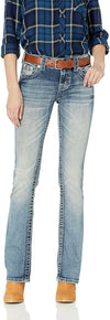 $104 Miss Me Women's Blue Denim Lucky Girl Chloe Bootcut Jeans Patched Size 28 - evorr.com
