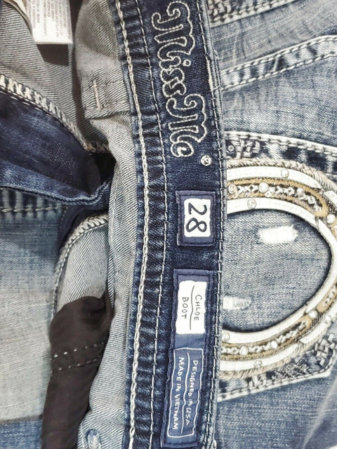 $104 Miss Me Women's Blue Denim Lucky Girl Chloe Bootcut Jeans Patched Size 28 - evorr.com