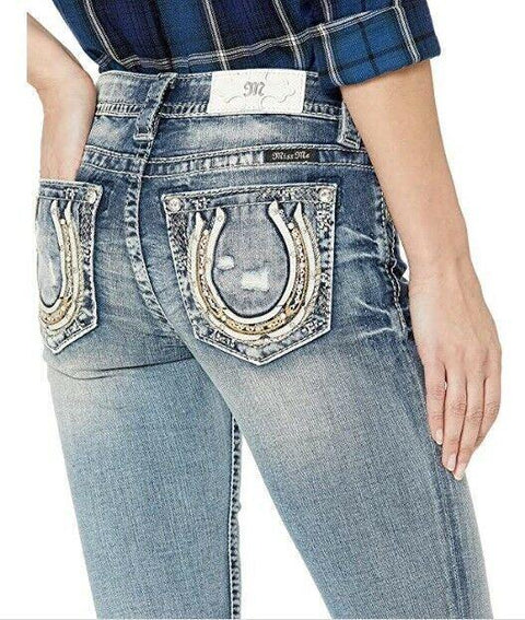 $104 Miss Me Women's Blue Denim Lucky Girl Chloe Bootcut Jeans Patched Size 28 - evorr.com