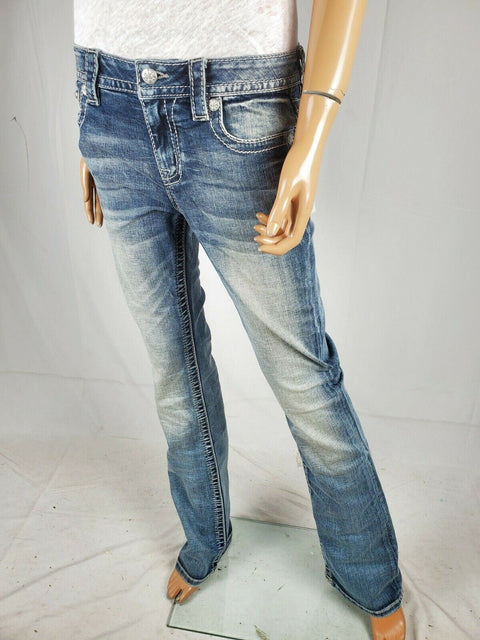 $104 Miss Me Women's Blue Denim Lucky Girl Chloe Bootcut Jeans Patched Size 28 - evorr.com