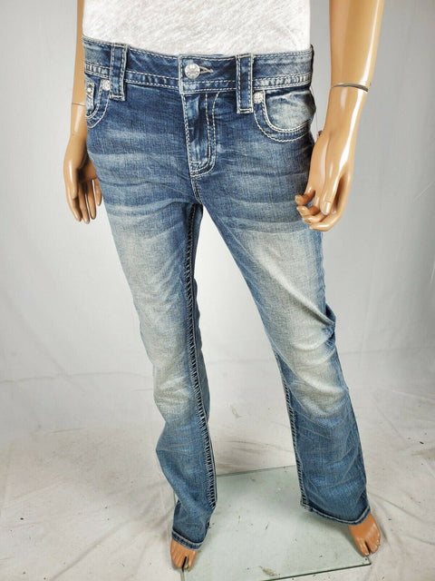 $104 Miss Me Women's Blue Denim Lucky Girl Chloe Bootcut Jeans Patched Size 28 - evorr.com