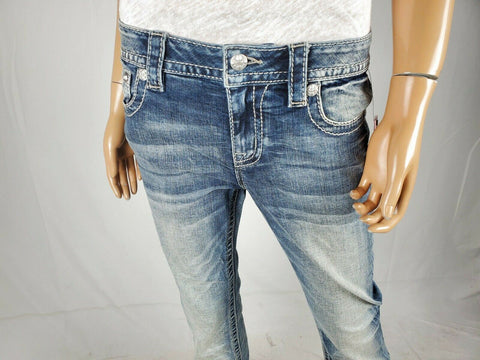 $104 Miss Me Women's Blue Denim Lucky Girl Chloe Bootcut Jeans Patched Size 28 - evorr.com