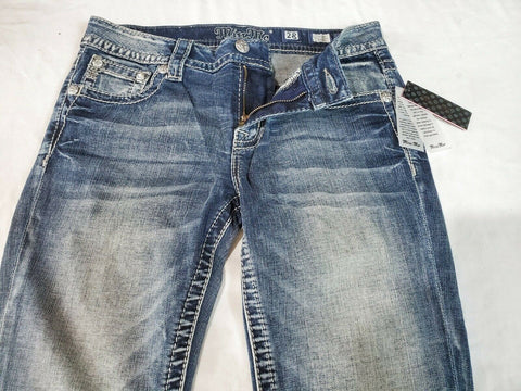 $104 Miss Me Women's Blue Denim Lucky Girl Chloe Bootcut Jeans Patched Size 28 - evorr.com