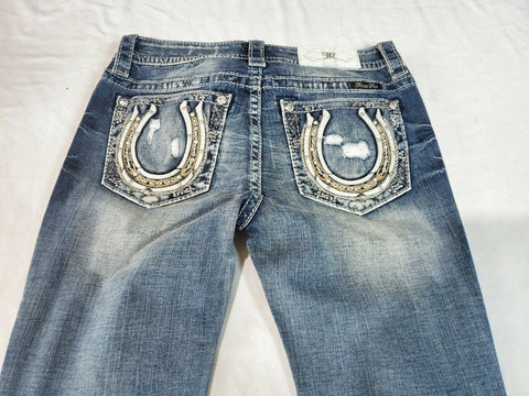 $104 Miss Me Women's Blue Denim Lucky Girl Chloe Bootcut Jeans Patched Size 28 - evorr.com