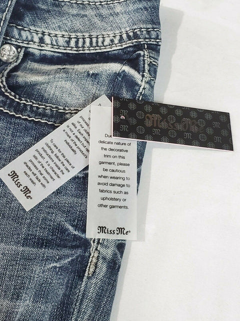 $104 Miss Me Women's Blue Denim Lucky Girl Chloe Bootcut Jeans Patched Size 27 - evorr.com