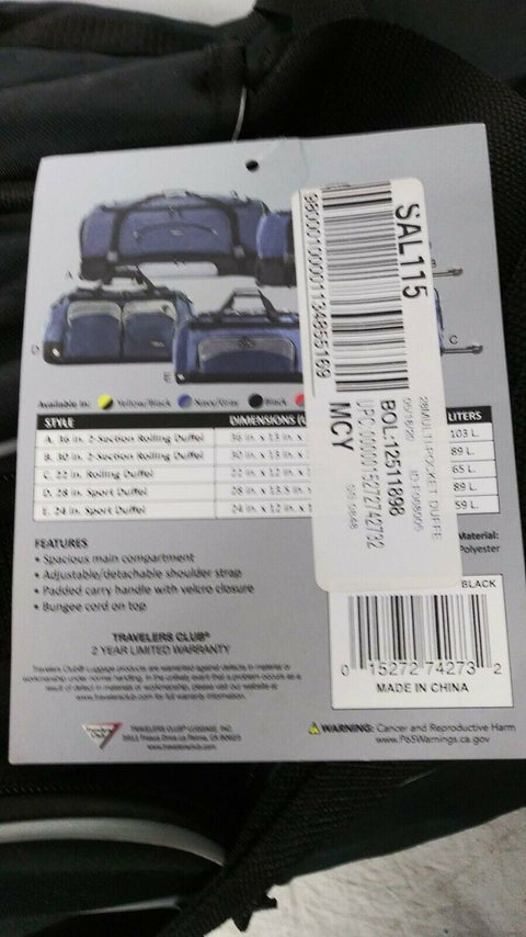 New Travelers Club Duffel Bag Black 28" Adventure Sport - evorr.com
