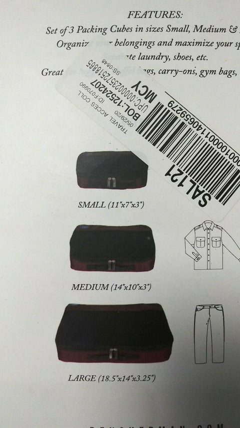 New Travelon Set of 3 Lightweight Packing Organizers, Bolds, One Size