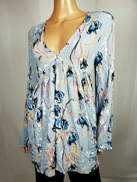 $108 Free People Women Bell Sleeve Sky Blue Floral V-Neck Blouse Top Size M - evorr.com