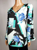 New ALFANI Women Bell Sleeve Black Flower Printed V-Neck Blouse Top Size M - evorr.com
