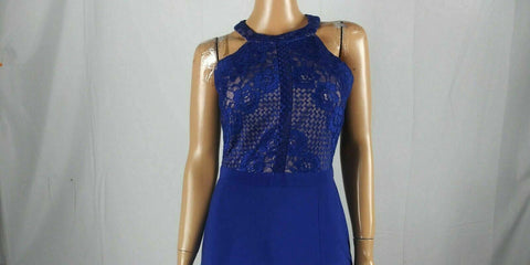 Nightway Women Halter-Neck Sleeveless Inset Lined Blue Slit Long Maxi Dress 10 - evorr.com