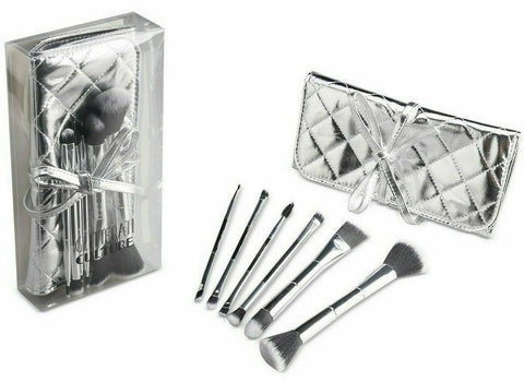 Glitterati Culture 6 Dual End Makeup Brush Set Silver Quilted Cosmetic Pouch NEW - evorr.com