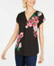 New INC Concepts Womens Black Short Sleeve Blouse Top Flower Printed Size XL