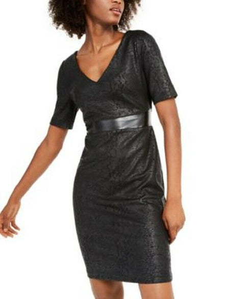 New INC CONCEPTS Women Black Foil Print Sheath Dress Short Sleeve Black Size L