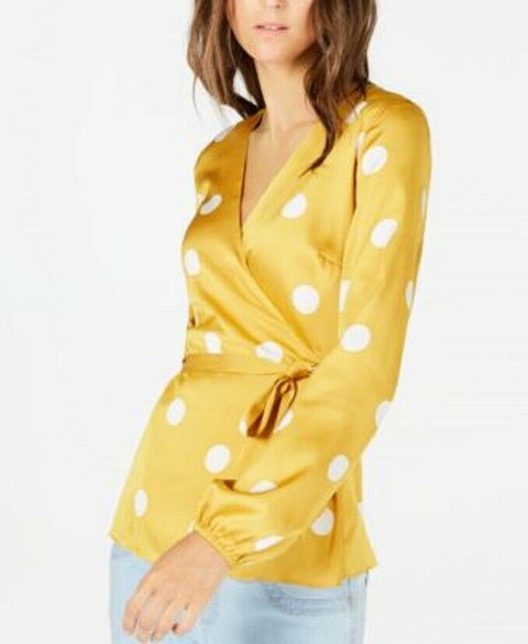 New INC Concepts Womens Long Sleeve Yellow Polka Dot Wrap Blouse Top Belted XL