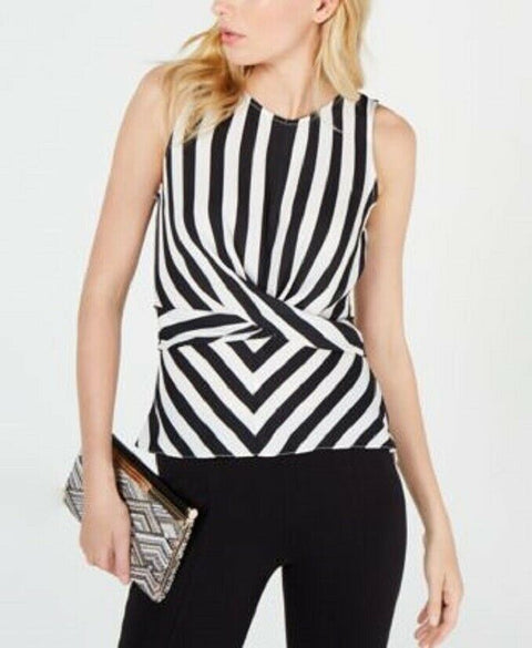INC Concepts Women Black Striped Sleeveless Blouse Top Twist Front Jewel Neck M