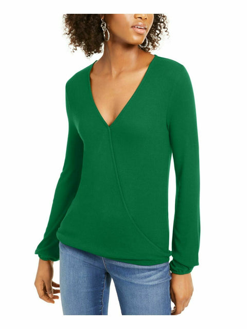 New INC Concepts Women Green Long Sleeve Blouse Top Ribbed Surplice Size S