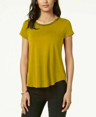 New ALFANI Womens Yellow Short Sleeve Blouse Top Satin Trim Scoop Neck L