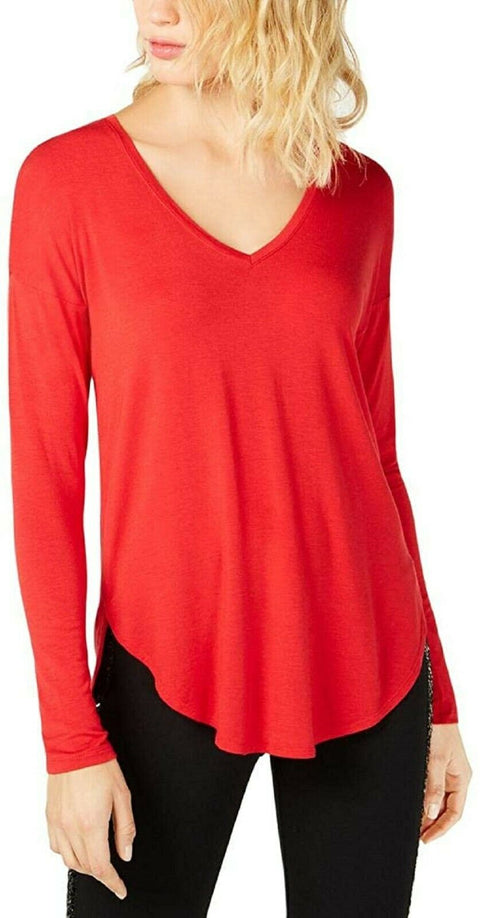 INC International Concepts Women V-Neck Long Sleeve Hi-Low Red Pullover Top L