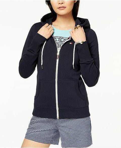 New Tommy Hilfiger Women Long Sleeve French Terry Hoodie Jacket Black Size 2XL