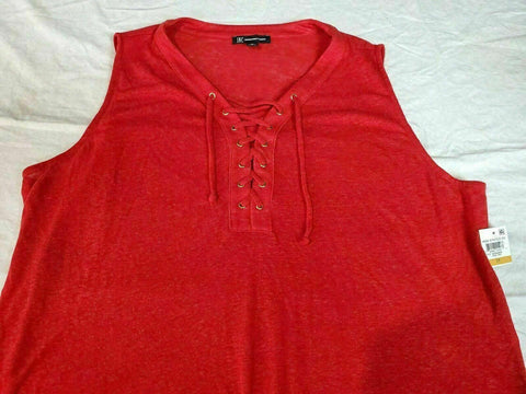 INC CONCEPTS Women Red Lace-up Neck Side Slits Linen Tunic Blouse Top Plus 3X - evorr.com