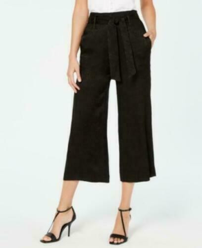 New Calvin Klein Women Black Cropped Wide Leg Tie Waist Jacquard Pants Size 12