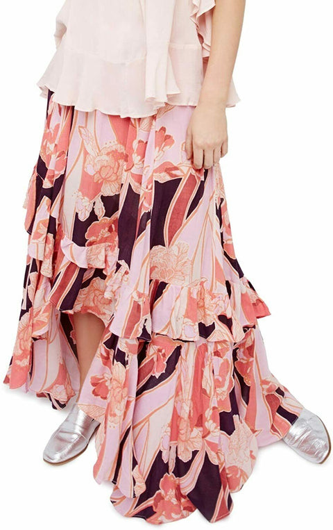 FREE PEOPLE Womens A-line Printed Flowers High low Tiered Skirt Size 10