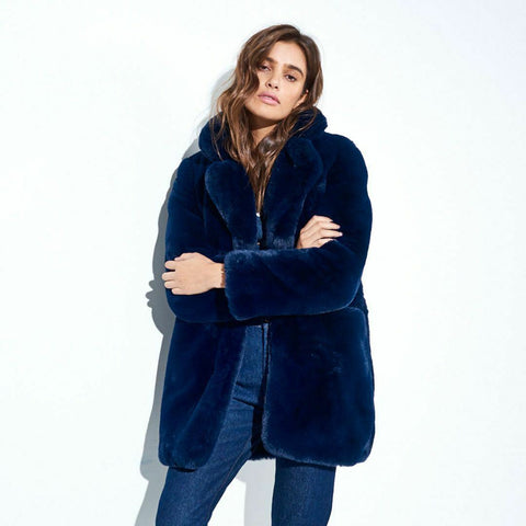 $245 NEW Apparis Eloise Faux-Fur Coat Navy Blue Winter Jacket Size L