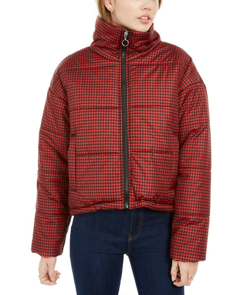 New Celebrity PINK Women Red Black Plaids Puffer Jacket Coat Zipper Size L