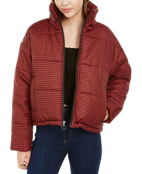 New Celebrity PINK Women Red Black Plaids Puffer Jacket Coat Zipper Size L