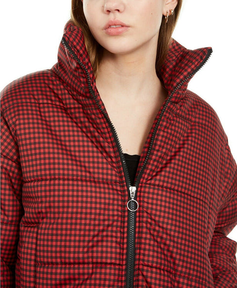 New Celebrity PINK Women Red Black Plaids Puffer Jacket Coat Zipper Size L