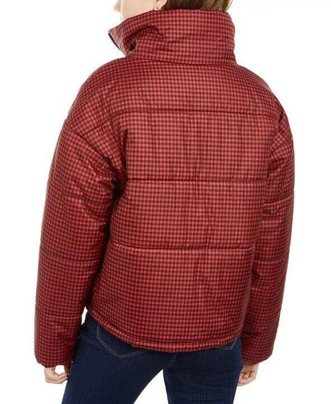 New Celebrity PINK Women Red Black Plaids Puffer Jacket Coat Zipper Size L