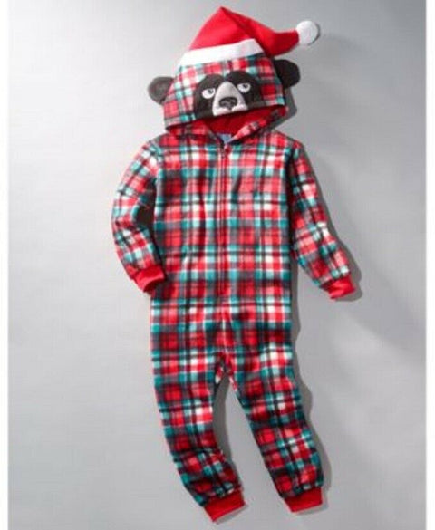 Max & Olivia Big Boys 1-Pc. Hooded Plaid Bear Pajamas Suit Bodysuit Red Multi