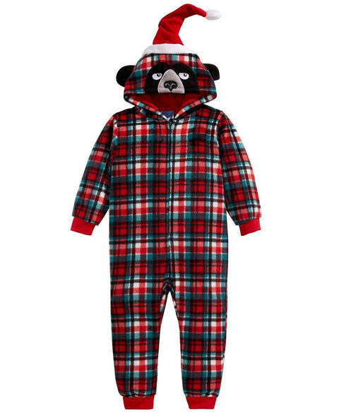 Max & Olivia Big Boys 1-Pc. Hooded Plaid Bear Pajamas Suit Bodysuit Red Multi