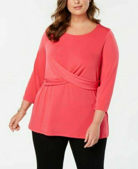 Alfani Women's Scoop-Neck 3/4 Sleeves Knitted Cross Front Tunic Top Pink Plus 2X - evorr.com