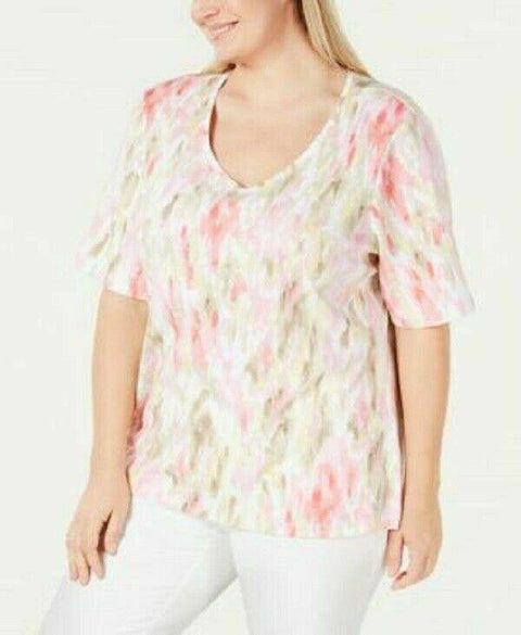 Karen Scott Women's Elbow Sleeve V-Neck Poetic Wash Printed Blouse Top Plus 0X - evorr.com