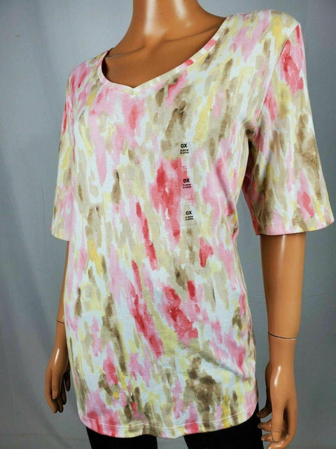 Karen Scott Women's Elbow Sleeve V-Neck Poetic Wash Printed Blouse Top Plus 0X - evorr.com