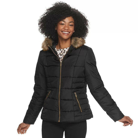 New Celebrity PINK Women's Black Puffer Jacket Coat Faux Fur Trim hood Size M - evorr.com