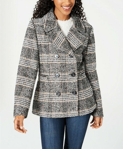 Maralyn & Me Women Black Multi Plaid Double Breasted Jacket Pea Coat Size 2XL - evorr.com