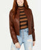 NEW JOUJOU Women Brown Lined Winter Moto Jacket Zip Pockets Vegan Leather XS