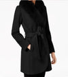 $299 NEW Forecaster Women Fox-Fur-Trim Belted Wrap Wool Coat Jacket Black Size 8